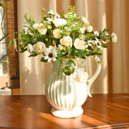 墨菲 北欧田园花艺套装陶瓷花瓶美式乡村创意客厅现代简约装饰品摆件 经典白色+6束奶白雏菊玫瑰