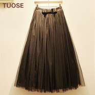 TUOSE 香港潮牌秋冬新款復古蝴蝶結韓版大擺網(wǎng)紗裙中長(cháng)款百搭顯瘦半身裙高腰仙女蓬蓬百褶裙 黑色 裙長(cháng)80厘米