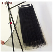 TUOSE 半身裙香港潮牌夏季新款韓版高腰顯瘦中長款網(wǎng)紗裙百褶大擺裙蓬蓬沙灘半身裙子 黑色 均碼（松緊腰）
