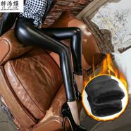 林洛蝶 PU皮褲冬季加絨厚秋大碼高腰女褲黑色打底褲加絨外穿緊身小腳女長(zhǎng)褲子 皮褲亮光加絨加厚 L