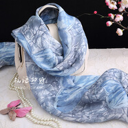 杭語(yǔ)絲紡 藍色蝴蝶印花 杭州桑蠶絲女士真絲圍巾長(cháng)款薄款披肩春秋冬季保暖 長(cháng)110cm 寬110cm (中方巾)
