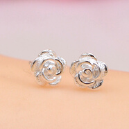 純已久銀飾990足銀耳釘帶勾銀耳釘勾不用耳堵玫瑰花耳釘百合花耳釘蘋(píng)果耳釘女士 銀耳釘 大玫瑰花耳釘