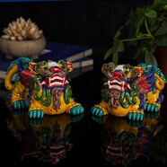 美吔 景德鎮陶瓷藝術(shù)品擺件手工交趾陶彩陶招財貔貅對獅收藏送禮客廳擺件 天祿貔貅一對