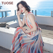 TUOSE 香港潮牌夏季新品女裝條紋系帶無袖雪紡修身顯瘦連衣裙波西米亞長裙海邊度假沙灘裙 花色   S
