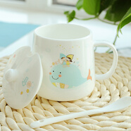 后海杯子陶瓷情侶馬克杯骨瓷杯帶蓋勺歐式辦公室咖啡杯可愛(ài)兒童喝水杯 點(diǎn)贊杯-花蓋藍鯨/380ML【可微波】