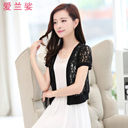 愛(ài)蘭娑 小披肩外套夏新款薄款女短外搭蕾絲開(kāi)衫短袖坎肩外搭 黑色 2XL