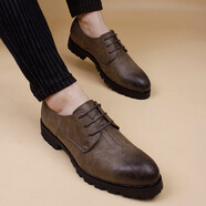 YDL.LAORT秋季韓版休閑皮鞋 男士商務(wù)鞋子美發(fā)師 男鞋厚底鞋做舊復古鱷魚(yú)紋 系帶1688卡其 42