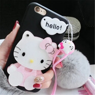 源迦一 蘋(píng)果5代 iPhone SE1代/5S手機(jī)殼/硅膠保護(hù)套 可愛(ài)鏡子掛繩女款 黑色硅膠鏡子殼+可愛(ài)毛球+掛繩+鋼化膜