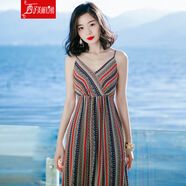 西子美麗心情夏季女裝無袖條紋露背吊帶雪紡長裙連衣裙海邊度假沙灘裙 圖片色XZ18D591 S