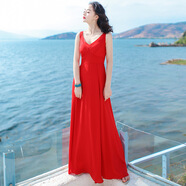 西子美麗心情夏季女裝裙子紅色無袖雪紡連衣裙波西米亞長裙海邊度假沙灘裙 紅色XZ16A215 XL