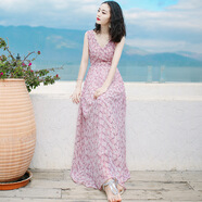 西子美麗心情夏季女裝V領(lǐng)無(wú)袖雪紡連衣裙長(zhǎng)裙波西米亞沙灘裙海邊度假裙子 粉色XZ16A267 XL