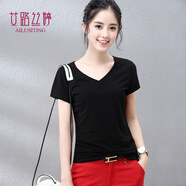 艾路絲婷T恤女新款夏季女裝上衣女士短袖V領(lǐng)體恤打底衫 黑色 XL