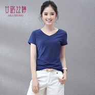 艾路絲婷T恤女新款夏季女裝上衣女士短袖V領(lǐng)體恤打底衫 深藍色 2XL