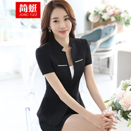 簡蜓職業(yè)套裝女夏季短袖白領(lǐng)工作服OL氣質(zhì)外套白領(lǐng)工作服西裝套裙正裝 黑西裝+短裙 2XL