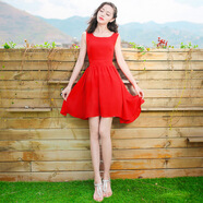 西子美麗心情夏季女裝紅色短裙子無(wú)袖雪紡連衣裙波西米亞沙灘裙海邊度假裙 紅色XZ16A247 L