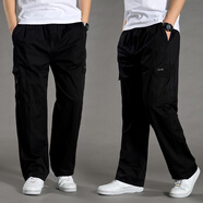 奕久久夏季薄款男裝加肥加大碼直筒休閑褲純棉工裝褲男寬松長(cháng)褲肥佬褲 011黑色 XL （140-160斤）