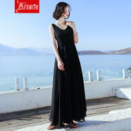 西子美麗心情夏季女裝露背裙子無(wú)袖雪紡連衣裙長(cháng)裙波西米亞海邊度假沙灘裙 黑色XZ18D509 S