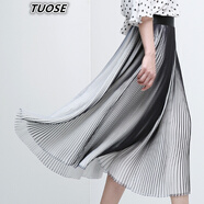 TUOSE 半身裙 香港潮牌夏季新款黑白條紋雪紡中長款飄逸大擺高腰顯瘦復(fù)古A字百褶裙 黑白條紋   M