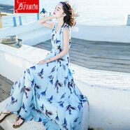 西子美麗心情夏季女裝V領(lǐng)無(wú)袖雪紡長(cháng)裙連衣裙波西米亞海邊度假沙灘裙 圖片色XZ18D619 L