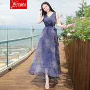西子美麗心情夏季女裝V領(lǐng)無(wú)袖雪紡連衣裙仙女長(zhǎng)裙海邊度假沙灘裙 藍(lán)色星空XZ16C537 S