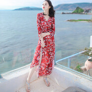 西子美麗心情夏季新款女裝裙子修身五分袖雪紡連衣裙波西米亞長(cháng)裙海邊度假沙灘裙 紅色XZ18D258 L