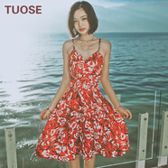 TUOSE 連衣裙 香港潮牌夏季新品女裝中長(zhǎng)款V領(lǐng)露背碎花吊帶雪紡波西米亞海邊度假沙灘裙 紅色    L