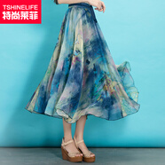 特尚萊菲 雪紡半身裙春夏仙女沙灘裙子大擺印花長裙顯瘦半裙 QQGA618 藍色 M(松緊腰1尺9-2尺2)