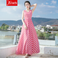 西子美麗心情夏季女裝無袖碎花雪紡連衣裙長裙波西米亞海邊度假沙灘裙 圖片色XZ18D630 S