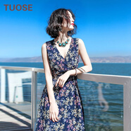 TUOSE 連衣裙 夏季新款修身顯瘦無袖雪紡波西米亞碎花海邊度假沙灘長(zhǎng)裙 圖色  S