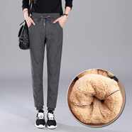 虎跡加絨收口運動(dòng)褲女冬季羊羔絨加厚休閑褲跑步鍛煉保暖運動(dòng)長(cháng)褲 深灰色（光板） L
