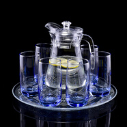 樂福然玻璃杯套裝泡茶杯啤酒杯果汁牛奶酒水杯6只水杯冷水壺玻璃盤扎壺 6只高藍(lán)圓形杯+水壺+托盤