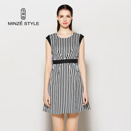 名師路品牌女裝夏裝歐美中裙淑女短袖收腰抽褶一步裙亞麻拼接條紋連衣裙 3S52442黑色90 M