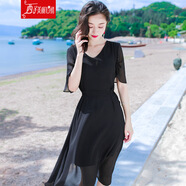 西子美麗心情2018夏季女裝系帶中長裙子雪紡連衣裙波西米亞海邊度假沙灘裙 黑色XZ18D706 L