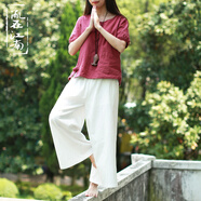 亂在江南棉麻百搭純色休閑褲女文藝簡(jiǎn)約九分褲松緊腰舒適柔軟瑜伽褲 白色  均碼