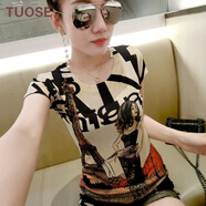 TUOSE T恤 夏季新款女裝個(gè)性印花韓版修身顯瘦圓領(lǐng)短袖t恤 圖片色 2XL