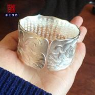 百銀999足銀寬面蓮花心經(jīng)復(fù)古開口復(fù)古民族飾品足銀手鐲 配證書 約105克現(xiàn)貨銀亮色