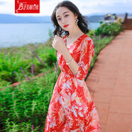 西子美麗心情夏季女裝修身中袖雪紡長(cháng)裙連衣裙波西米亞海邊度假沙灘裙 圖片色XZ17B709 L