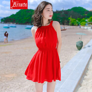 西子美麗心情2020夏季女裝無袖短款裙子雪紡連衣裙波西米亞海邊沙灘裙短裙 紅色XZ17B734 M