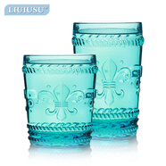 LIUIUSU彩色玻璃杯B300 復古鳶尾花浮雕無鉛玻璃水杯歐式冷飲果汁杯子 湖藍 高杯400ml1只+低杯 300ml 1只 綠典彩色系列