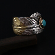 凡丘珠寶 高橋吾郎925銀手工松石閃電射線(xiàn)雙羽毛戒指男開(kāi)口情侶對戒女 3款 下金松石戒指