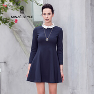 名師路娃娃領(lǐng)連衣裙長(cháng)袖春秋裝女收腰顯瘦A字裙通勤淑女高腰中裙 深藍色56 L