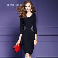 FEMLY 法曼麗 新款春秋裝性感釘珠職業(yè)連衣裙氣質(zhì)ol顯瘦打底裙12207 黑色 L