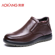 奧康（Aokang）男鞋真皮中年人加絨保暖防滑皮鞋真皮 棕色185039031 38