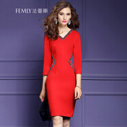 FEMLY 法曼麗 新款春秋裝性感釘珠職業(yè)連衣裙氣質ol顯瘦打底裙12207 紅色 M