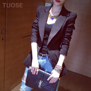 TUOSE 小西裝女 香港潮牌2017秋季新款通勤職業(yè)韓版修身顯瘦中長款黑色聳肩西服外套 黑色 L