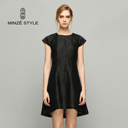 名師路短袖大擺連衣裙夏裝新款歐美英倫風(fēng)時(shí)尚條紋歐根紗連衣裙 黑色88 L