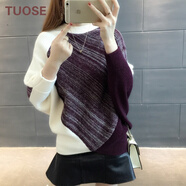 TUOSE 毛衣 秋冬新款韓版女裝寬松拼色時(shí)尚蝙蝠衫半高領(lǐng)套頭針織衫 紫紅 均碼