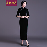 華族經(jīng)典中年女士婚宴長(cháng)款禮服春冬金絲絨旗袍連衣裙大碼日常氣質(zhì) 草綠色 XL
