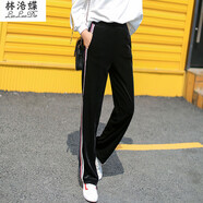 林洛蝶 闊腿褲子女新款休閑秋冬季韓版寬松直筒高腰長(zhǎng)褲運(yùn)動(dòng)女褲子 黑色金絲絨褲子 L