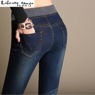 自由探戈2025冬季高腰牛仔褲女長(cháng)褲子韓版松緊腰小腳九分顯瘦加絨加厚保暖 深藍色(長(cháng)褲)單褲 29